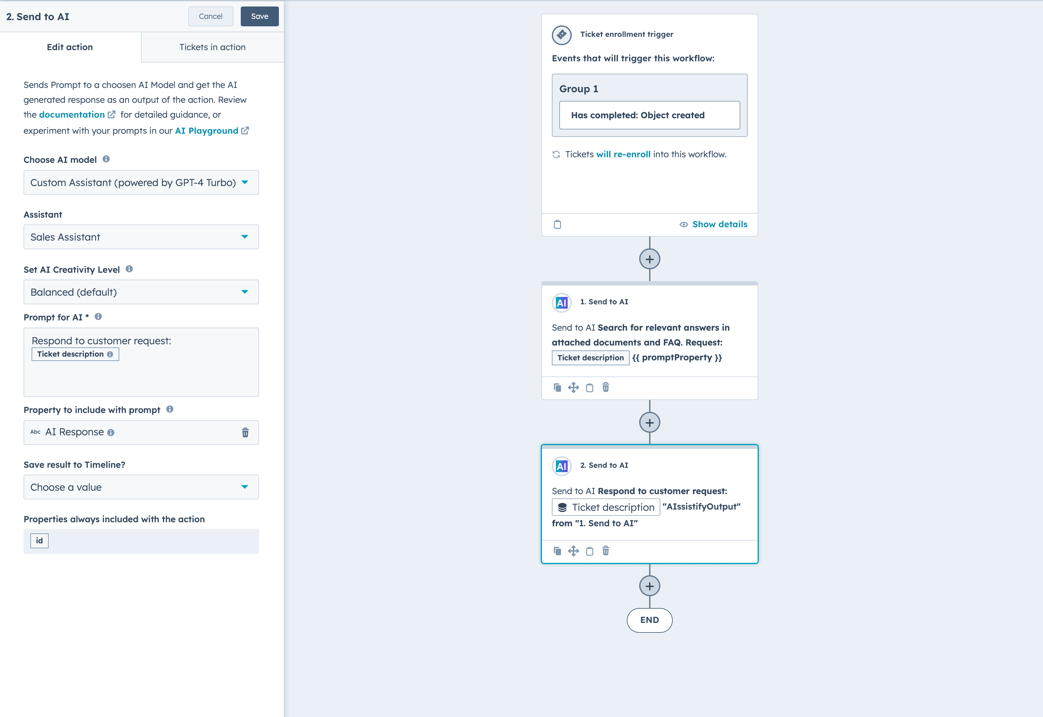AI Studio in HubSpot: a ticket workflow searches attached documents and drafts a reply using the ticket description.