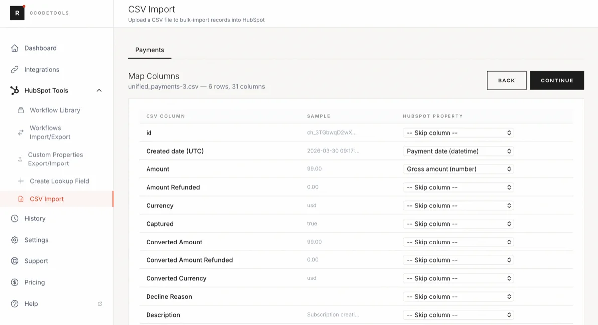 Outil d'import CSV 0CodeTools mappant des colonnes vers les propriétés de paiement HubSpot