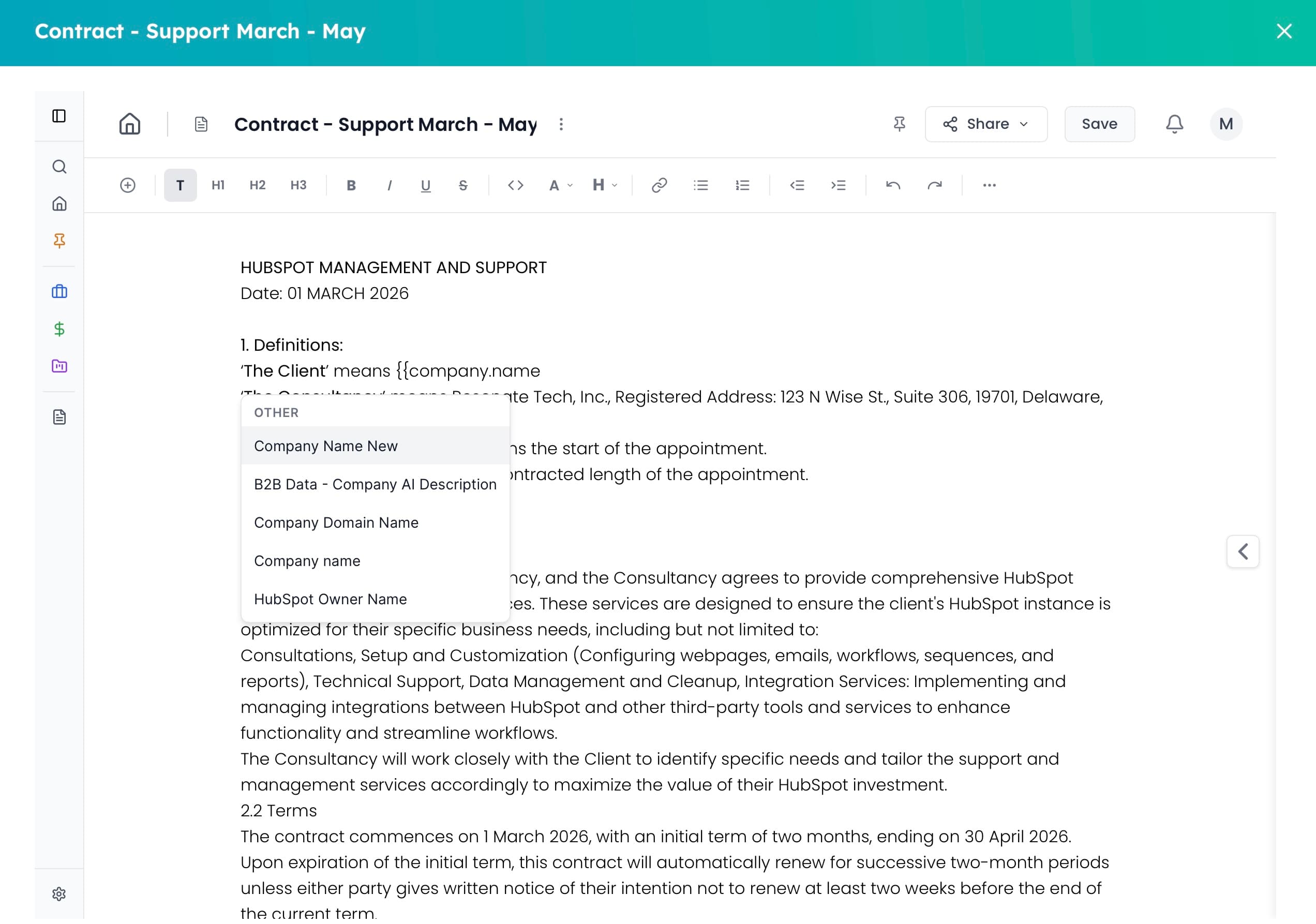 Editor de documentos DocsHub con propiedades CRM HubSpot en directo dentro de un contrato