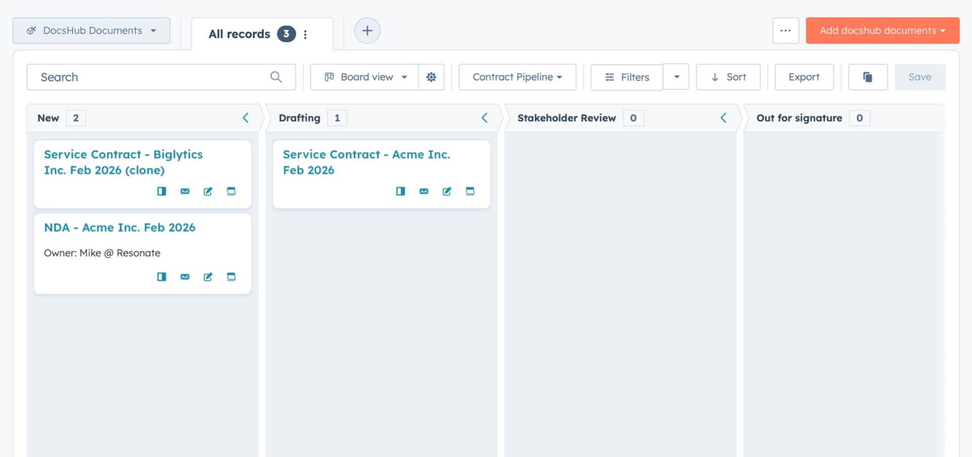 DocsHub document pipelines for managing HubSpot documents with board view and pipeline stages