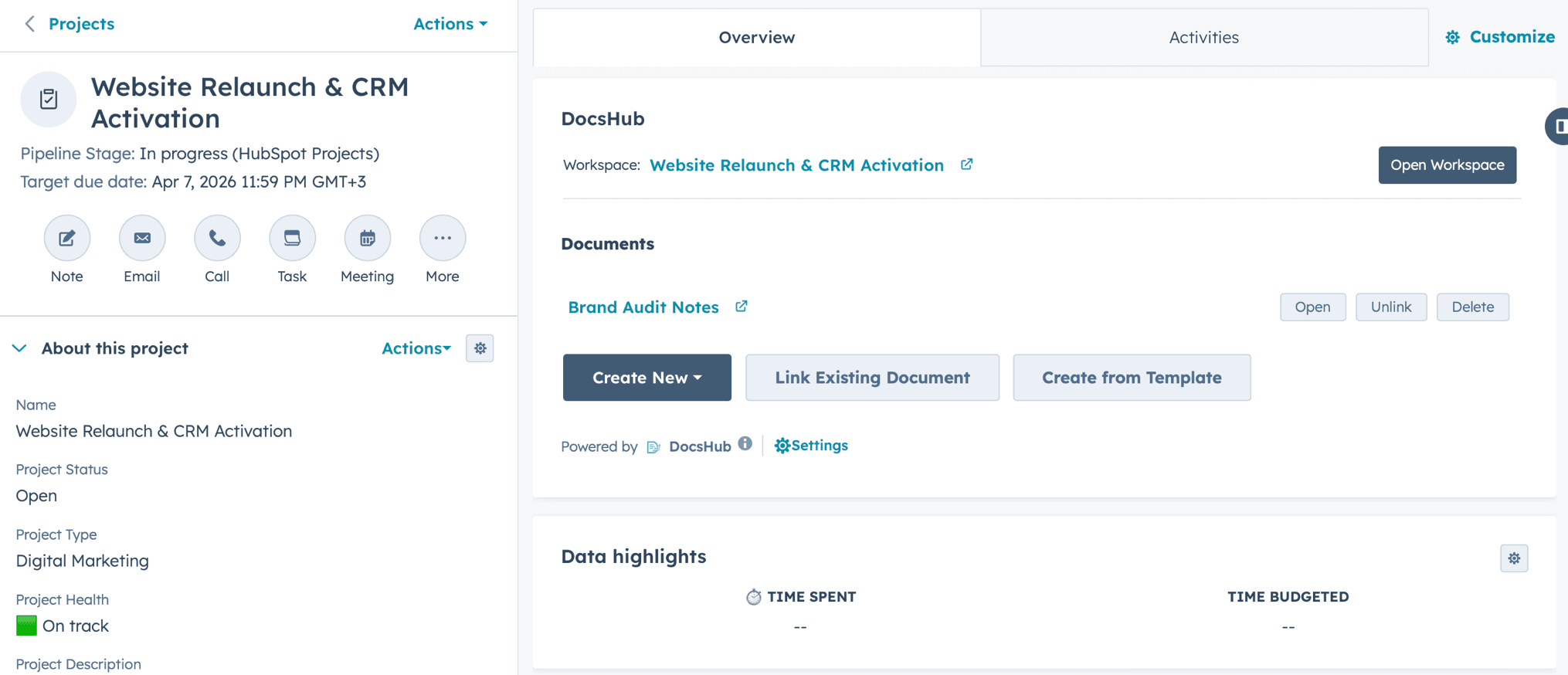DocsHub embedded in a HubSpot project, with a linked workspace, documents, and template controls.