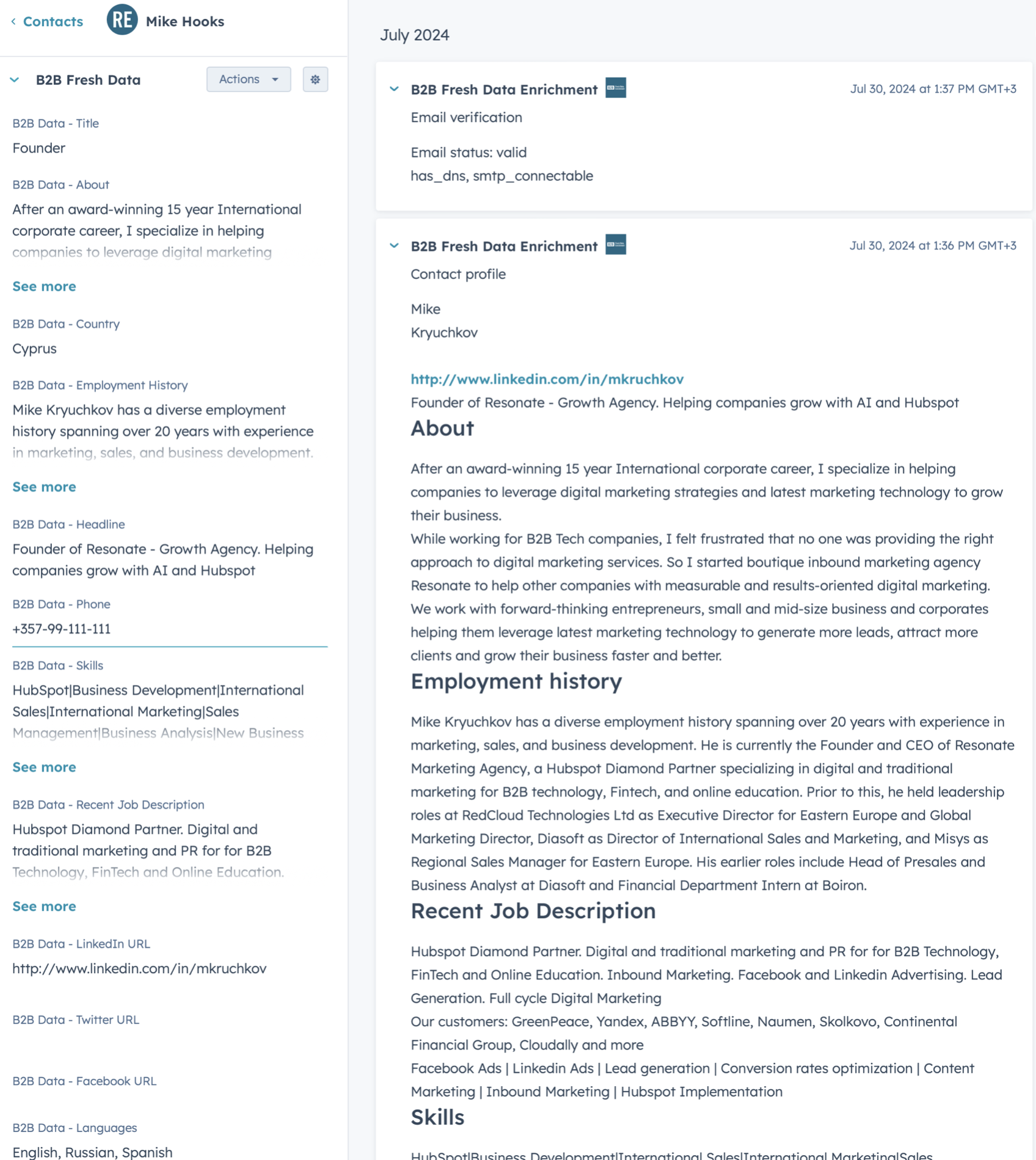 B2B Data Enrichment for HubSpot - Contact Record