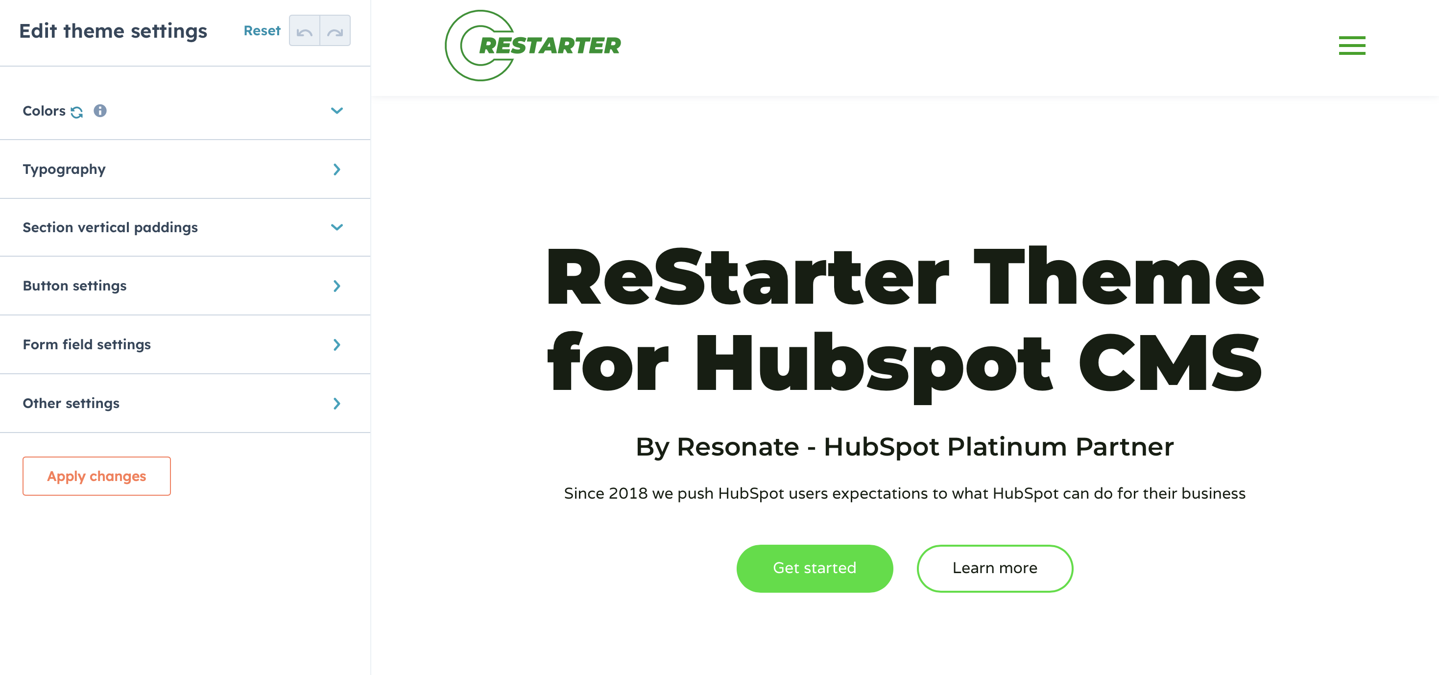 ReStarter - documentation - theme settings