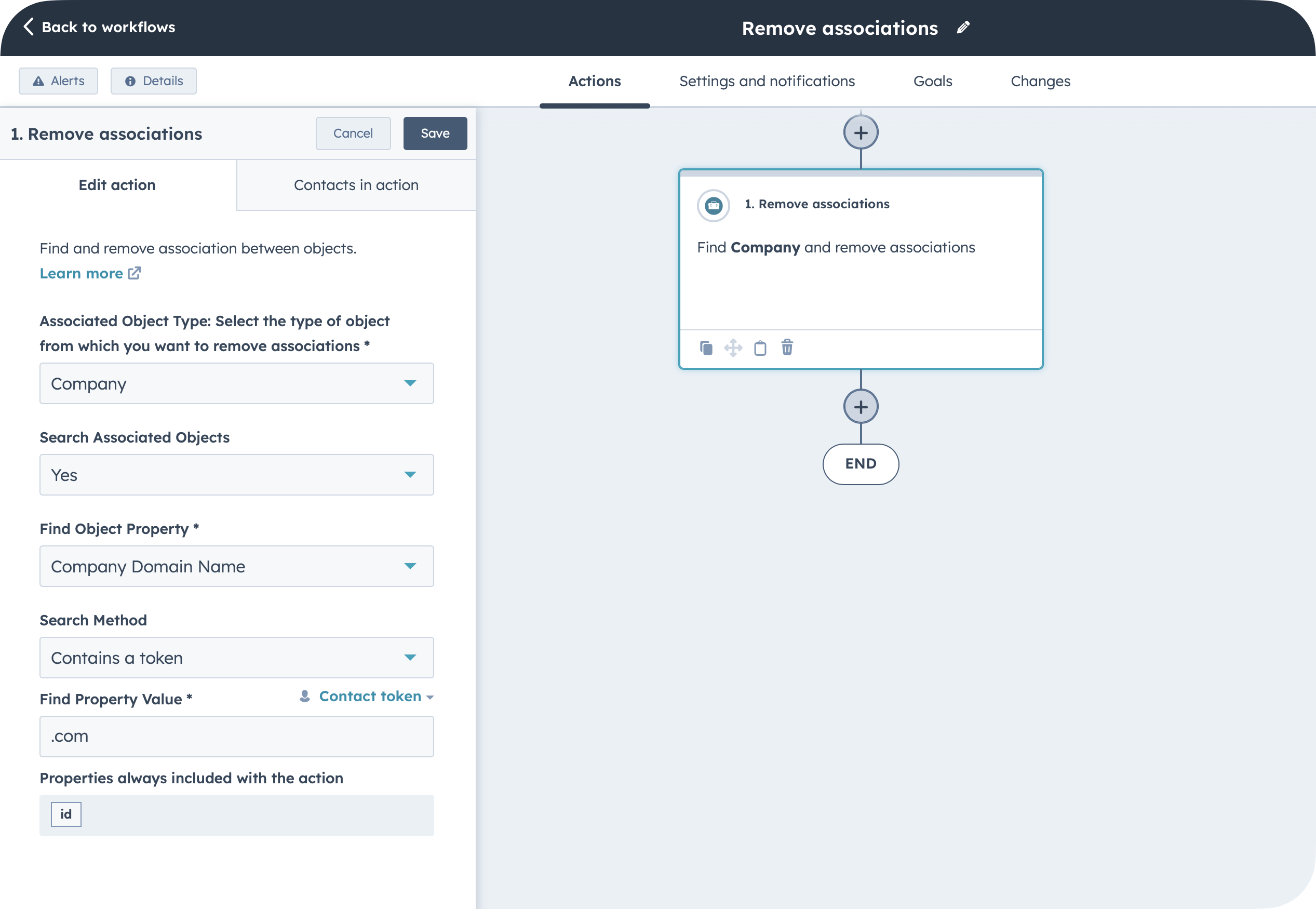 remove associations workflow action